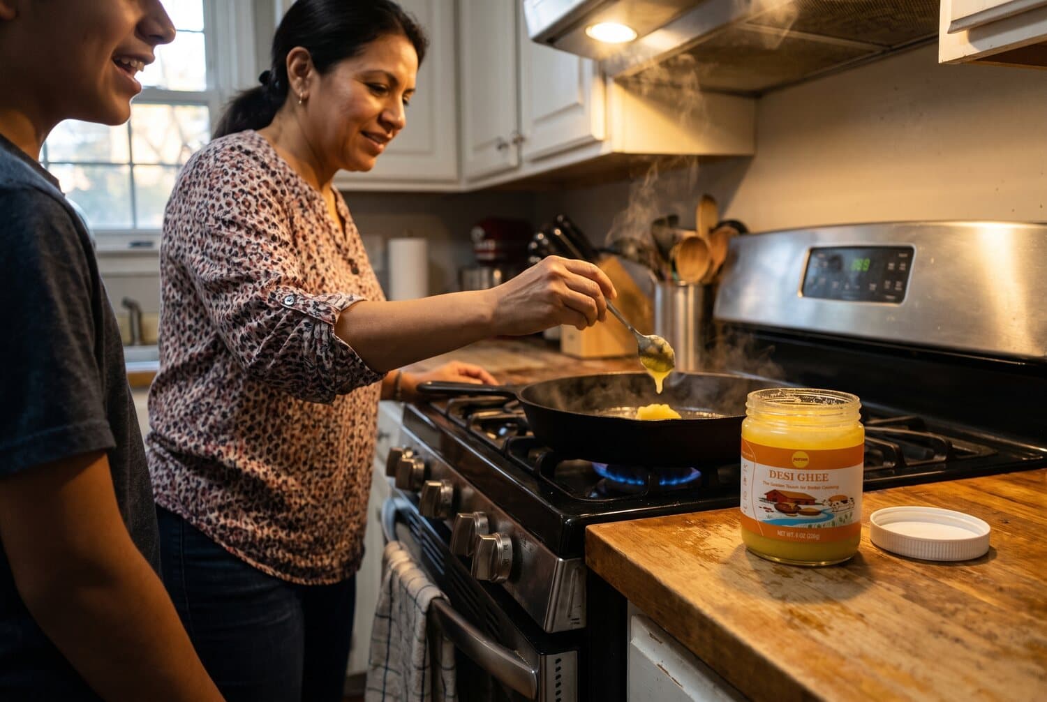 A woman spooning ghee into a hot cast-iron skillet while her son leans on the counter beside her, the open jar of Noreen Foods Desi Ghee on the butcher block.
