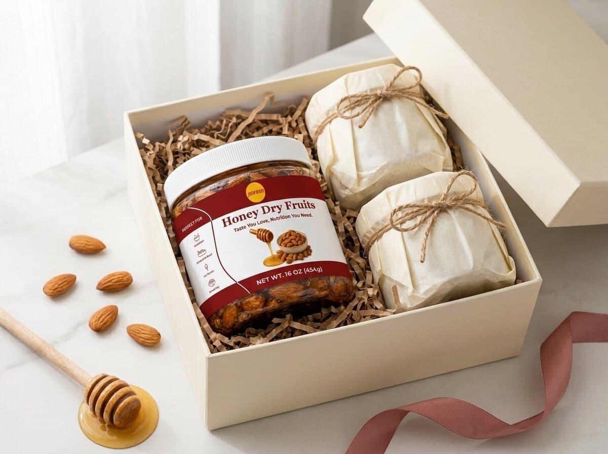 A cream gift box lined with kraft shred holding a jar of Noreen Foods Honey Dry Fruits and two tissue-wrapped jars, with a honey dipper, loose almonds and a dusty-rose ribbon on the marble counter.