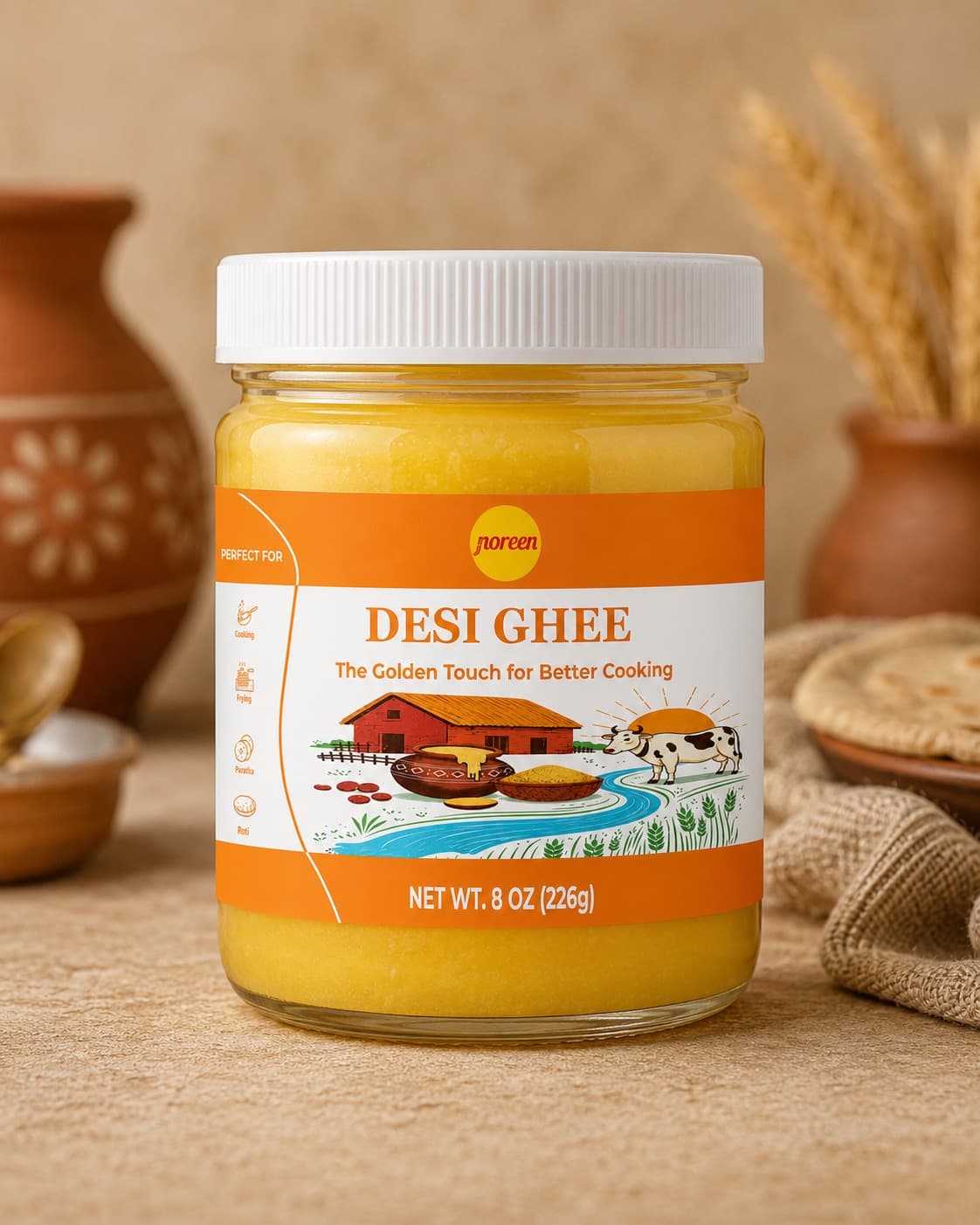 A jar of Noreen Foods Desi Ghee, 8 oz (226g).